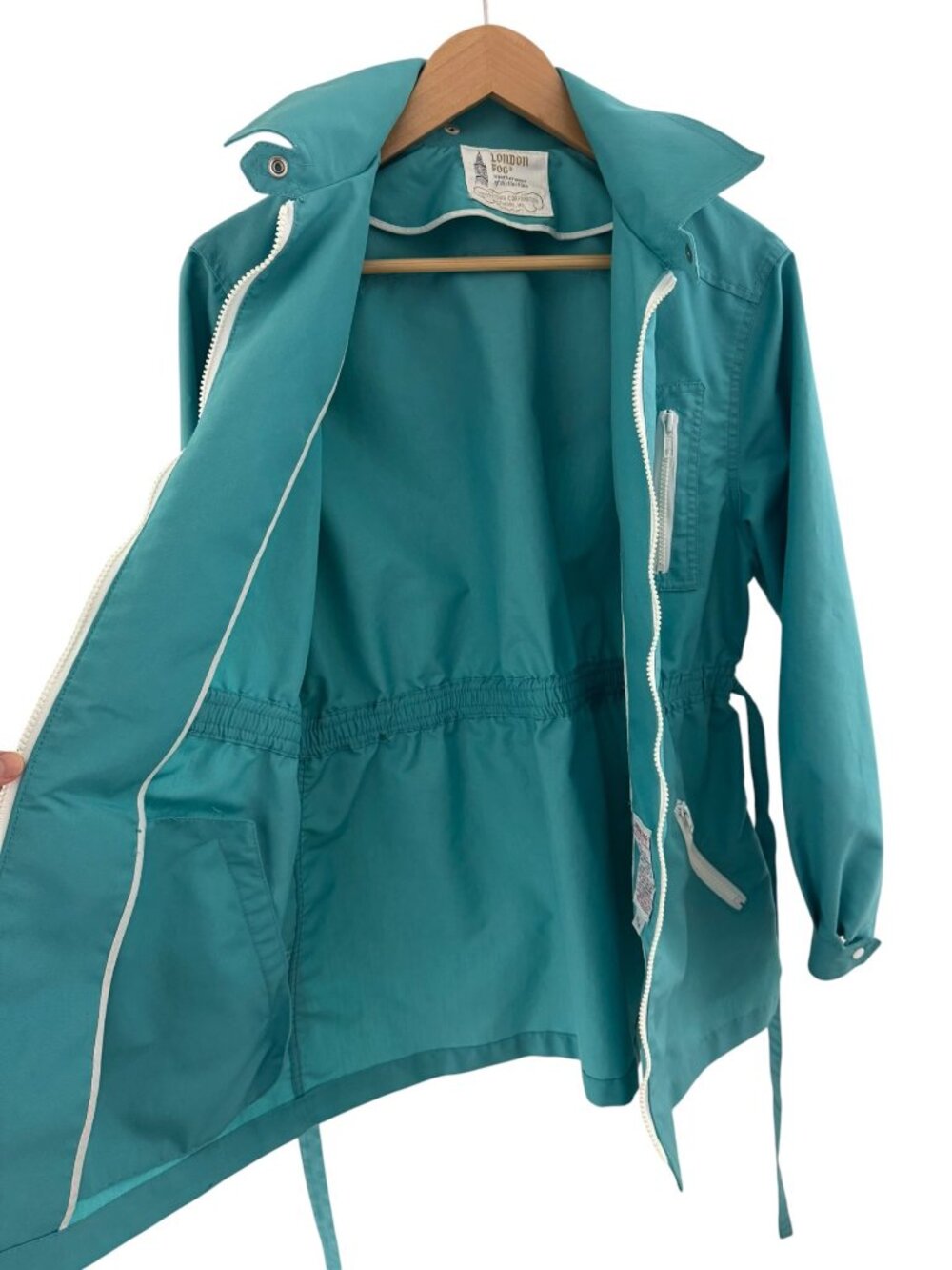 London Fog Vintage 70's Teal Jacket Zip Pockets Detachable Hood Tie Size 13/14 L - Picture 6 of 10
